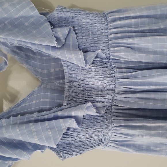 Fate Mini Dress Medium Plaid Blue White Ruffle Cap Sleeve Pockets Tiered Smocked - Picture 8 of 16